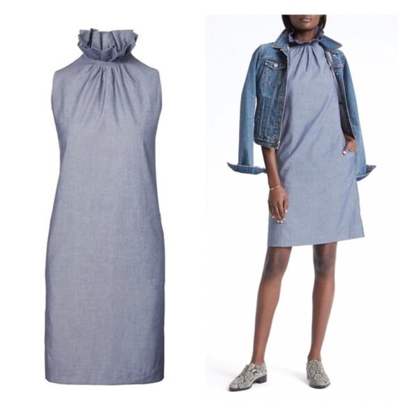 Chambray Banana Republic Ruffle Neck Sleeveless Dress (NWT) - Picture 1 of 4